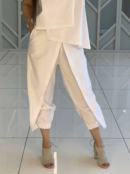 

Casual Plain Ankle Banded Pants, White, Pants
