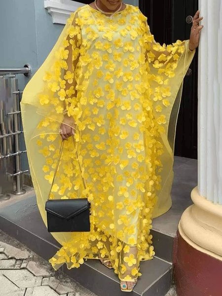 

Vacation Plain Raglan Sleeve 3D Floral Crew Neck Maxi Dress With Inside Tank, Yellow, Maxi Dresses