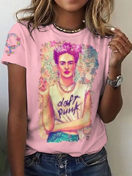 Casual Floral Crew Neck Short Sleeve T-shirt, Pink, T-shirts