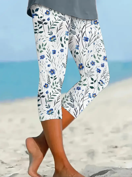 

Women's Trousers Elastic Waist Legging Daily Going Out Casual Printing Floral Summer Pants, White, Leggings