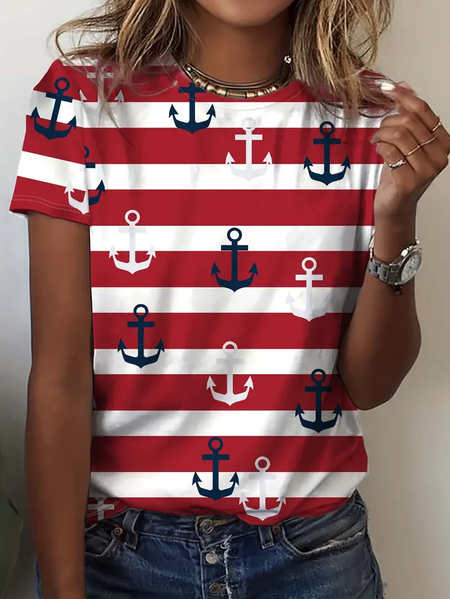 

Women's Anchor Stripe Print Casual Round Neck Short Sleeve T-Shirt, Red, T-shirts