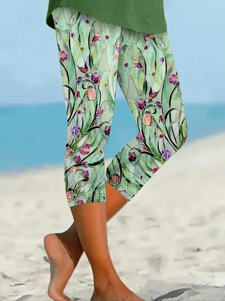 

Women's Trousers Elastic Waist Legging Daily Going Out Casual Printing Floral Summer Pants, Green, Leggings
