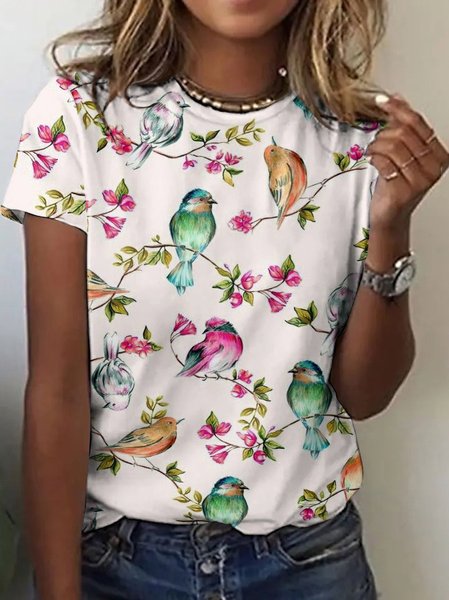

Casual Floral Crew Neck Short Sleeve T-shirt, Pink, T-shirts