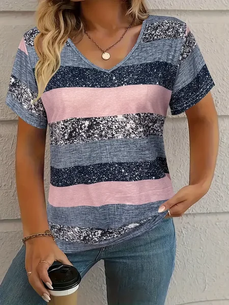 

Women's Striped Short Sleeve Tee T-shirt V Neck Printing Casual Summer Graphic Tee Top, As picture, T-Shirts