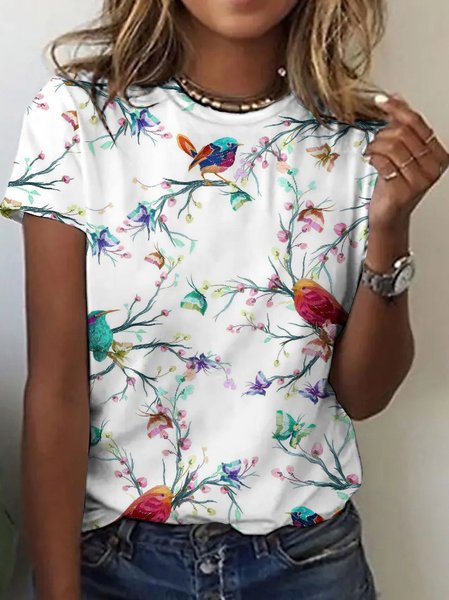 

Casual Floral Crew Neck Short Sleeve T-shirt, White, T-shirts
