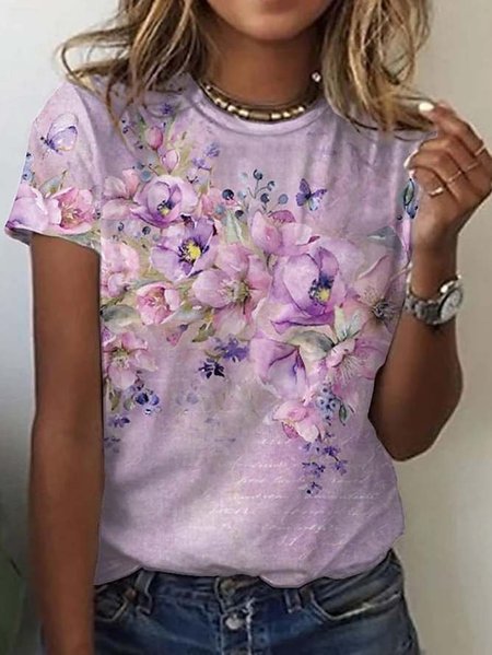 

Floral Crew Neck Loose Casual T-Shirt, Purple, T-shirts
