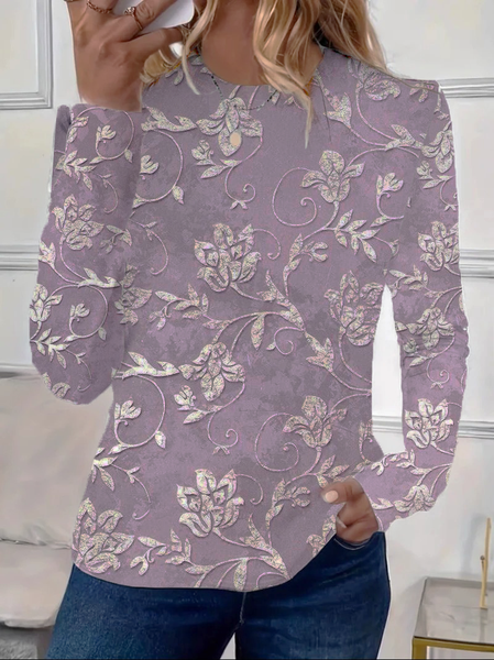 

Women's Floral Long Sleeve Tee T-shirt Crew Neck Printing Casual Spring/Fall Graphic Tee Top, Purple, T-Shirts