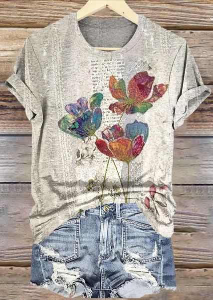 

Floral Cotton Casual T-Shirt, Gray, T-shirts