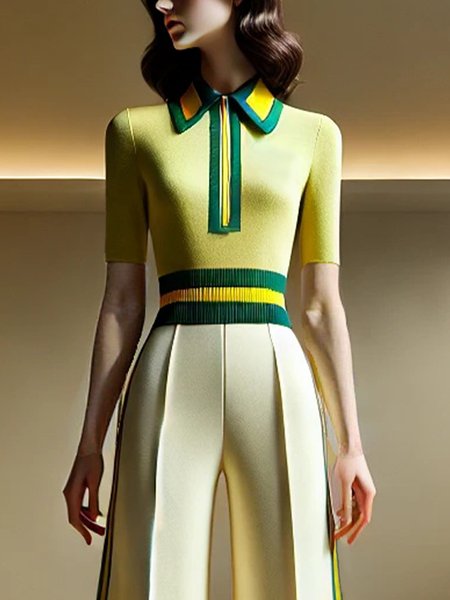 

Casual Color Block Shawl Collar Short Sleeve Sweater, As picture, Pullovers