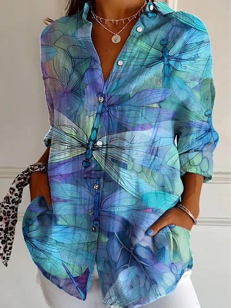 Contrasting Dragonfly Long-Sleeved Comfortable Shirt, As picture, Blouses