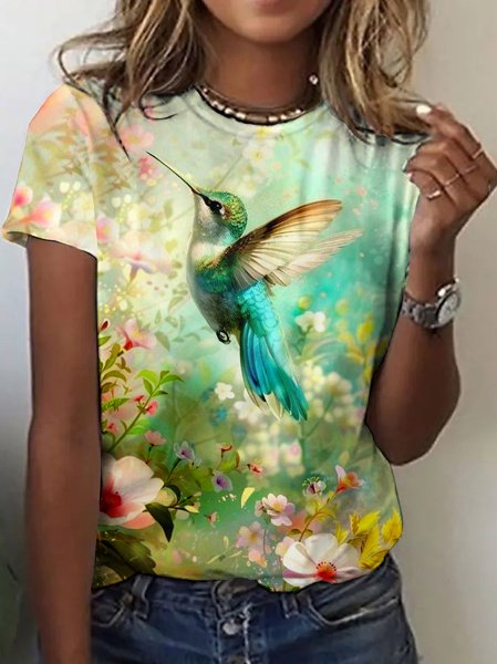 

Casual Floral Crew Neck Short Sleeve T-shirt, Green, T-shirts
