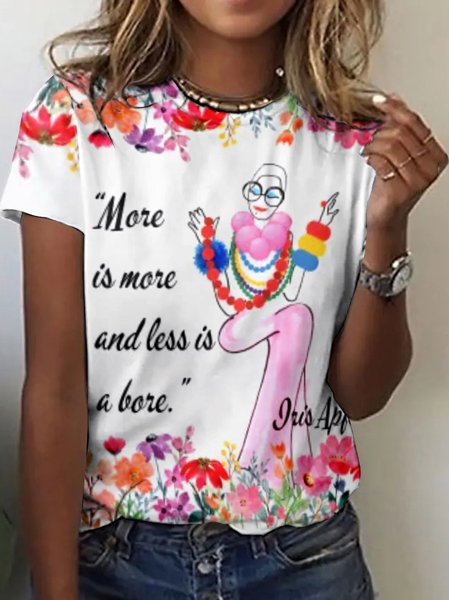 

Casual Floral Crew Neck Short Sleeve T-shirt, White, T-shirts