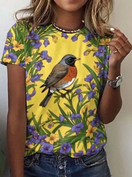 

Casual Floral Crew Neck Short Sleeve T-shirt, Yellow, T-shirts