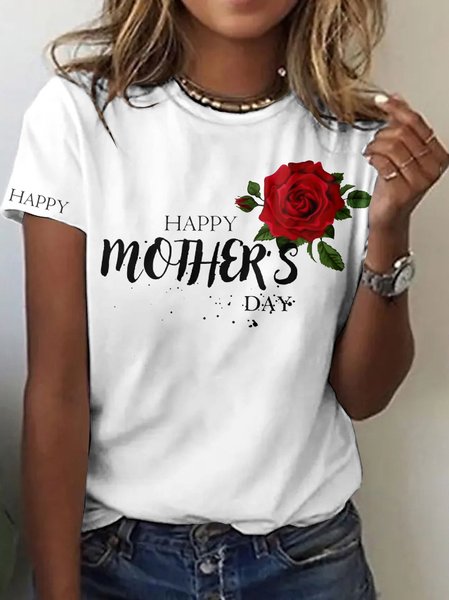 

Casual Floral Crew Neck Short Sleeve T-shirt, White, T-shirts