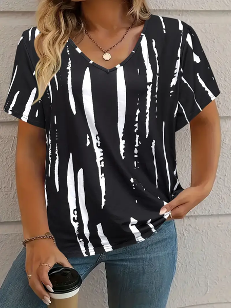 

Women's Abstract Stripes Short Sleeve Tee T-shirt V Neck Printing Casual Summer Graphic Tee Top, Black, T-Shirts
