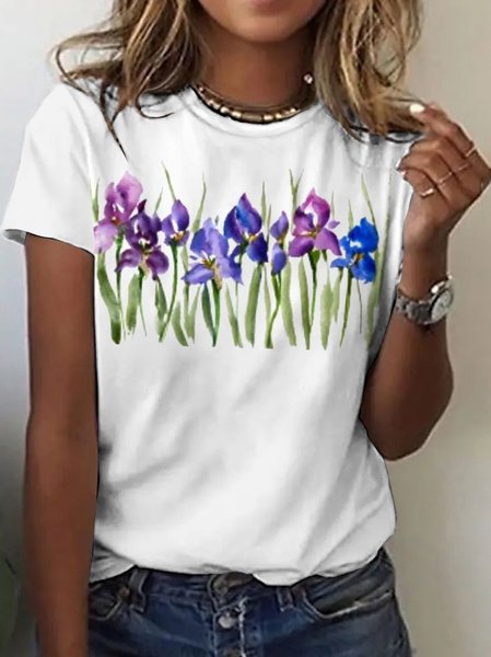 

Casual Floral Crew Neck Short Sleeve T-shirt, White, T-shirts