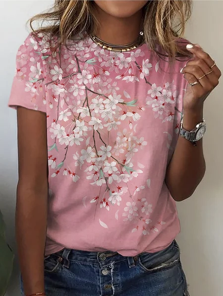 

Floral Crew Neck Loose Casual T-Shirt, Pink, T-shirts
