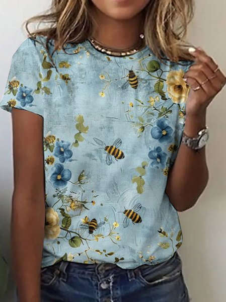 

Casual Floral Crew Neck T-Shirt, Green, T-shirts
