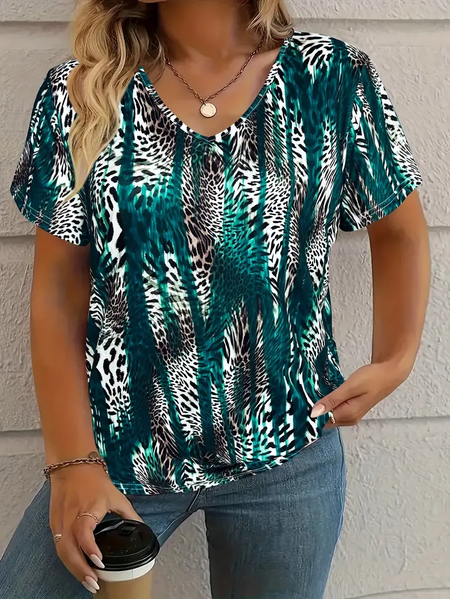 Women's Leopard Print Casual V-Neck Short Sleeve T-Shirt, Green, T-shirts