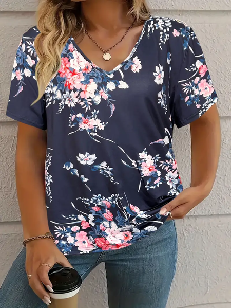 Women's Floral Print Casual V-Neck Short Sleeve T-Shirt, As picture, T-shirts