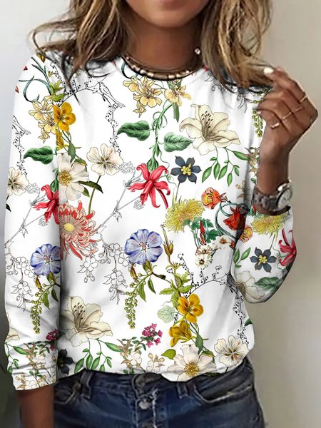 Casual Floral Botanical Print Crew Neck Short Sleeve T-shirt, White, T-shirts