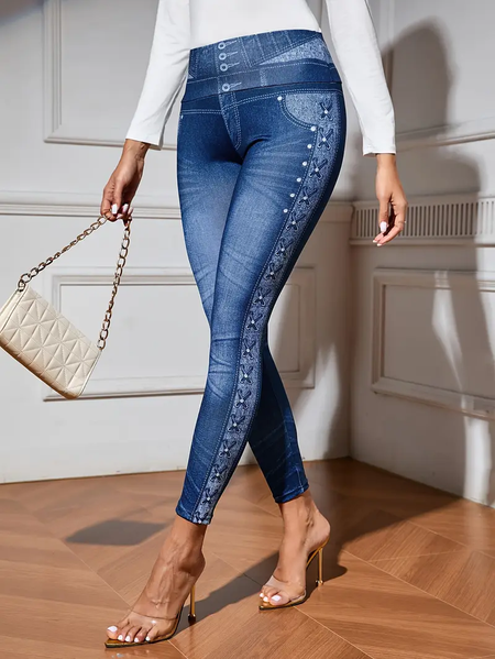 Women's Denim Print Graphic Casual All Season Printing Long Leggings, As picture, Leggings