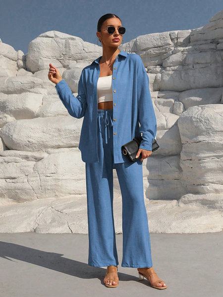 Women's Plain Daily Going Out Two-Piece Set Black Casual Spring/Fall Top With Pants Matching Set, Blue, Suits