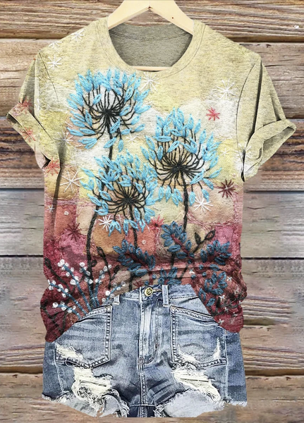 

Casual Floral Crew Neck Short Sleeve T-shirt, As picture, T-shirts