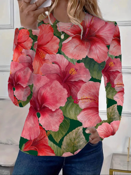 

Casual Floral Crew Neck Long Sleeve T-shirt, As picture, T-shirts
