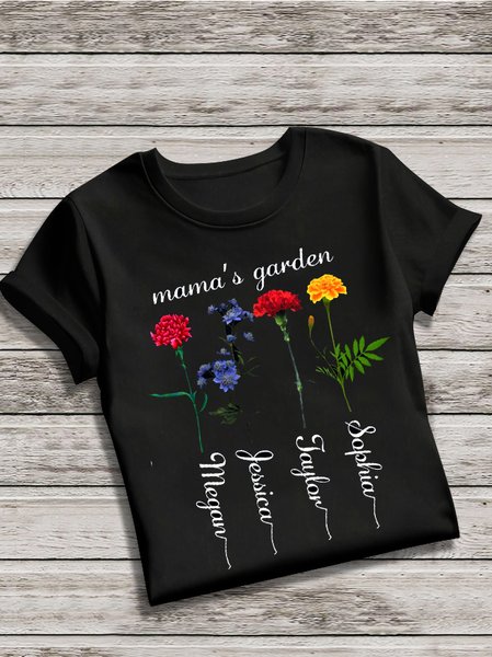 

Casual Floral Crew Neck Short Sleeve T-shirt, Black, T-shirts