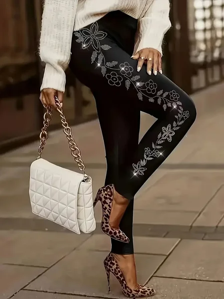 

Women's Floral Casual All Season Printing Long Leggings, Black, Leggings