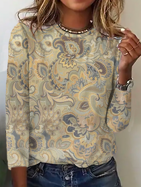 

Paisley Printed Long Sleeve Casual T-Shirt, Khaki, Long sleeves