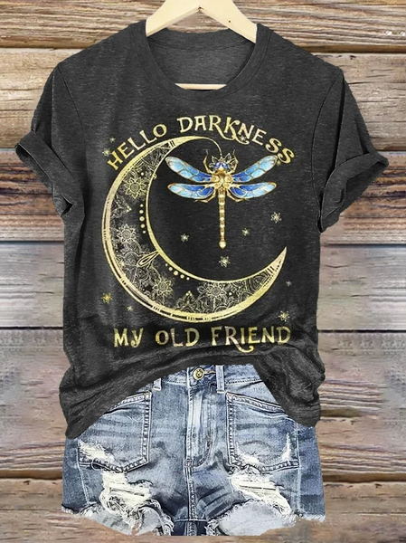 

Casual Dragonfly Print Crew Neck Short Sleeve T-shirt, Black, T-shirts