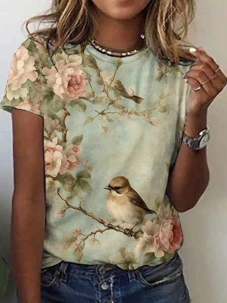 

Casual Floral Crew Neck Short Sleeve Vintage T-shirt, Lightgreen, T-shirts