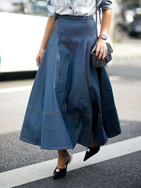

Urban Irregular Craftsmanship Plain Maxi Denim Skirt, Blue, Denim Skirts