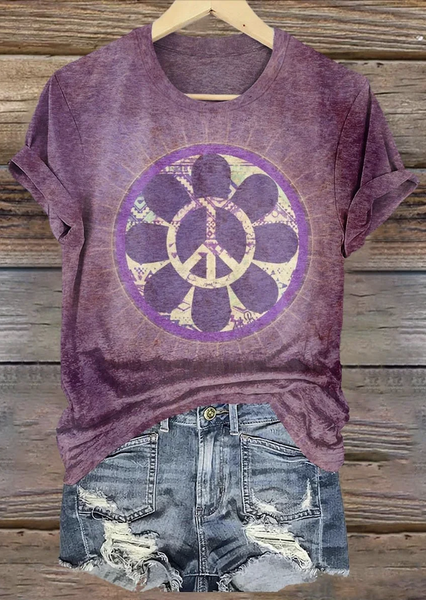 

Vintage Geometric Crew Neck Short Sleeve T-shirt, Purple, T-shirts