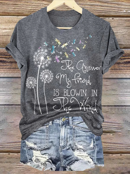 

Casual Dandelion Print Crew Neck Short Sleeve T-shirt, Deep gray, T-shirts