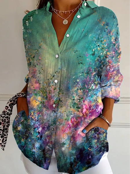 Abstract floral gradient long-sleeved shirt, Green, Blouses