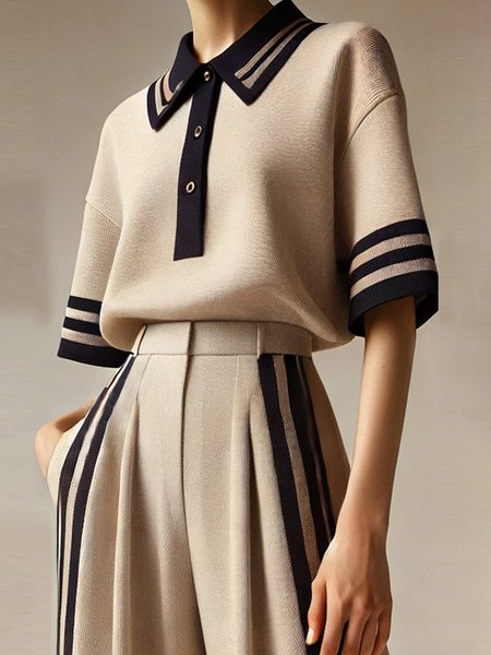 

Casual Striped Split Joint Polo Collar Sweater, Khaki, Pullovers