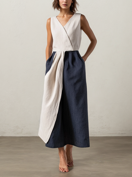 Linen Crew Neck Cotton And Linen Dress, Dark blue, Maxi Dresses