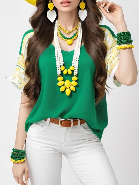 

Casual Color Block V Neck Blouse, Green, Blouses and Shirts