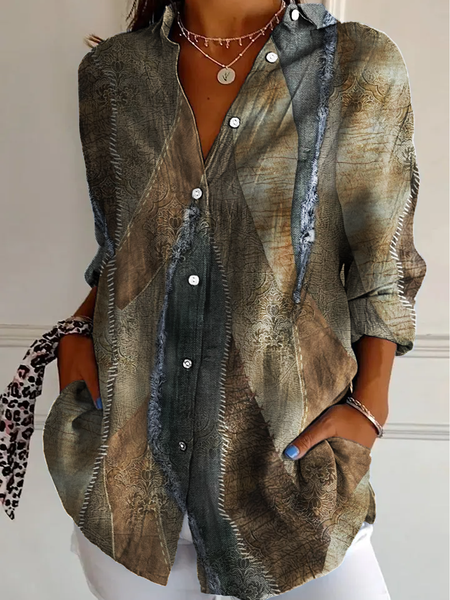 

Abstract geometric patchwork long sleeve shirt, Khaki, Blouses