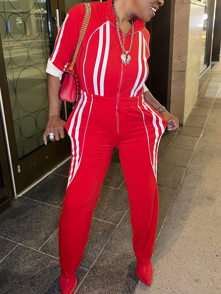 Urban Split Joint Striped Stand Collar Jumpsuit, White-red, Jumpsuits