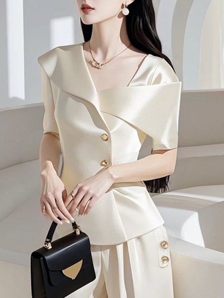 

Urban Plain Buttoned Asymmetrical Blouse, As picture, Blouses and Shirts