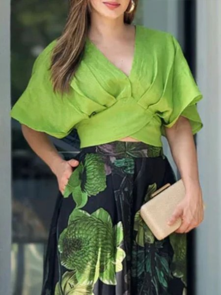 

Vacation Plain Gathered V Neck Raglan Sleeve Blouse, Green, Blouses and Shirts