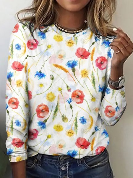 

Casual Spring Floral Art Print Crew Neck Long Sleeve T-shirt, White, T-shirts