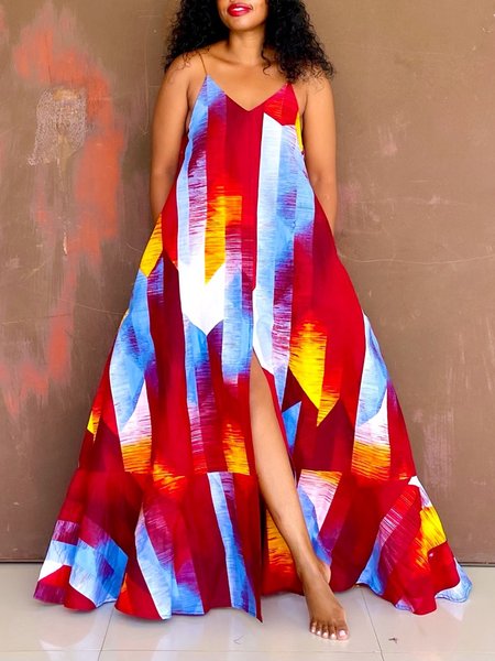 

Vacation Random Print Loosen Spaghetti Maxi Dress, As picture, Maxi Dresses