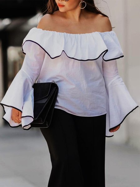 

Color Block Cold Shoulder Bell Sleeve Blouse, White, Blouses and Shirts