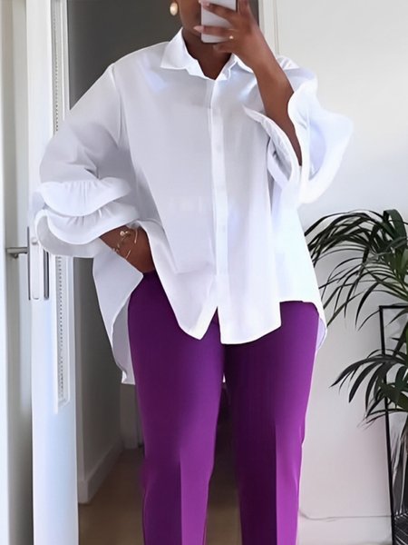 

Casual Plain Shirt Collar Ruffle Sleeve Shirt, White, Blouses and Shirts