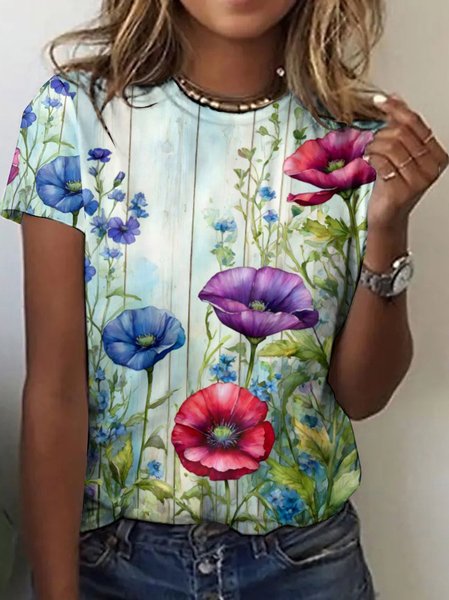 

Casual Floral Art Print Crew Neck Short Sleeve T-shirt, Lightgreen, T-shirts